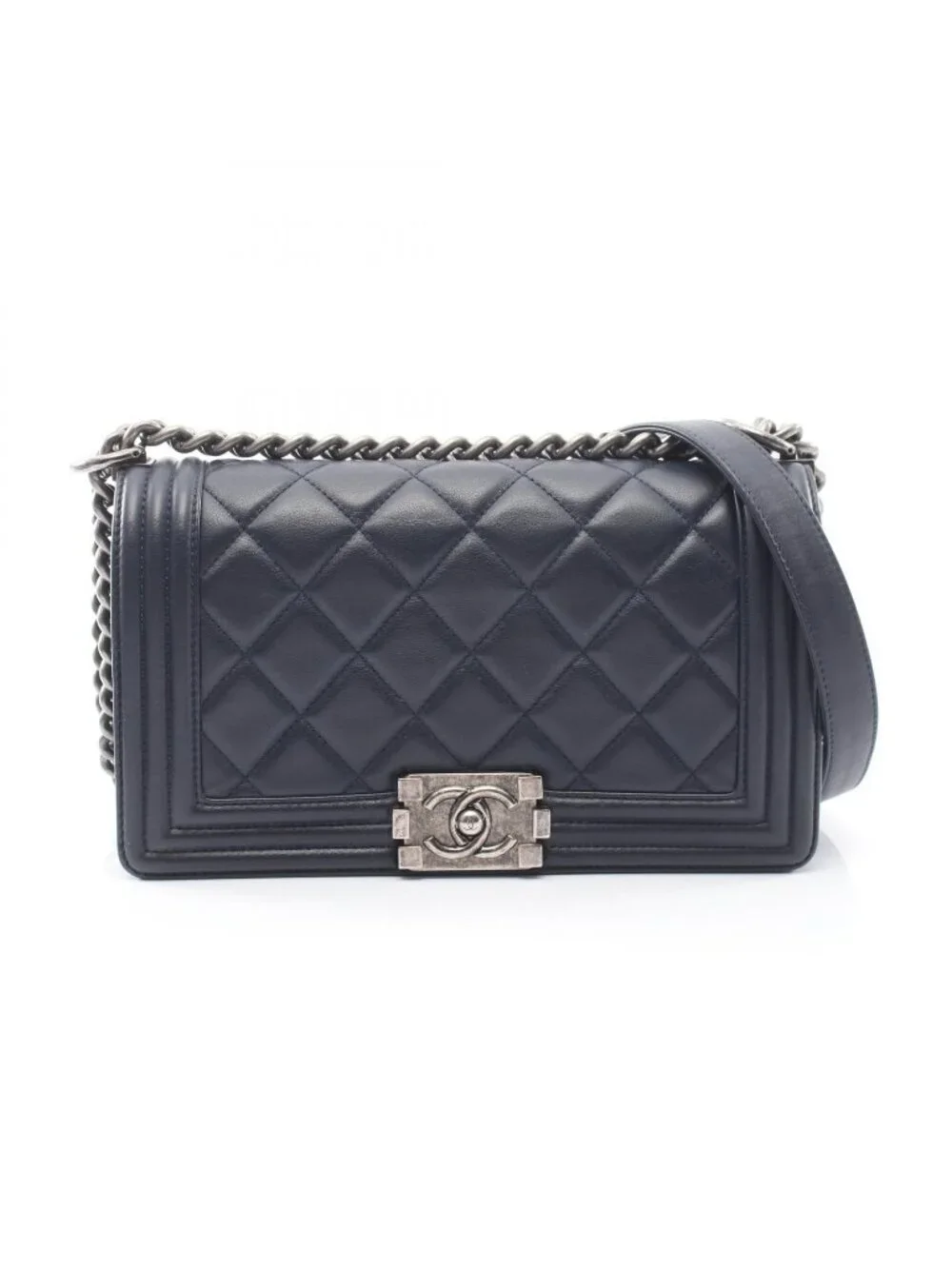 Chanel Shoulder Bag Boy Antique Silver Navy Lambskin Boy Chain